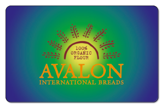 Avalon International Breads logo and text on a green,blue and purple gradient background